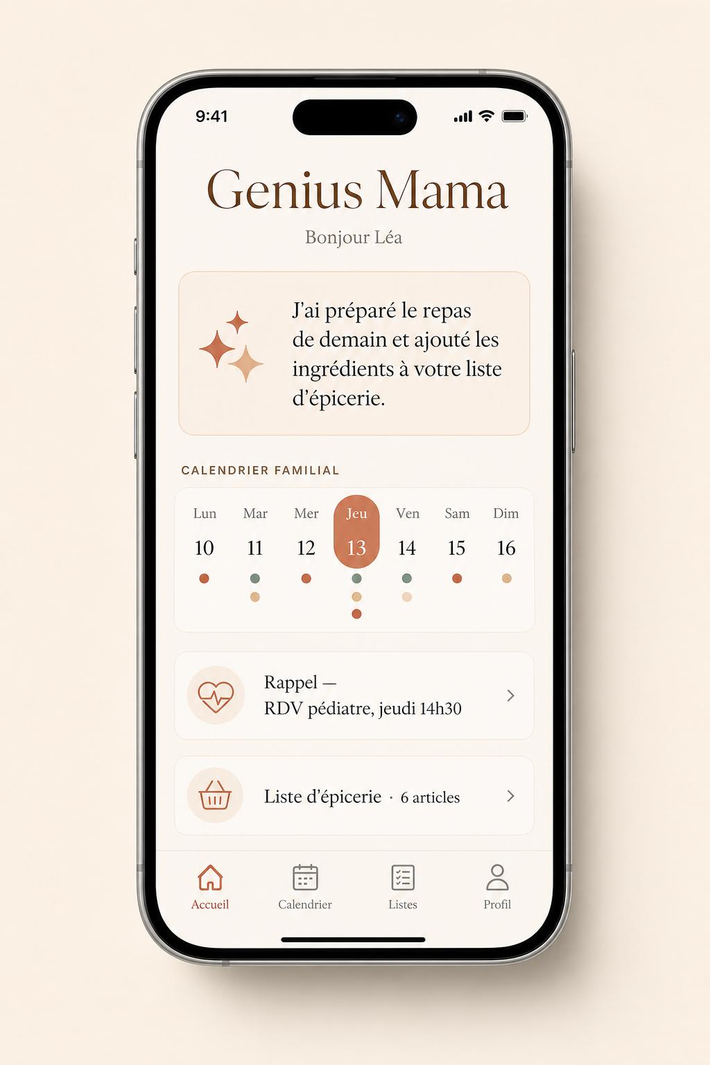 Application Genius Mama OS ouverte sur un iPhone — assistante familiale IA