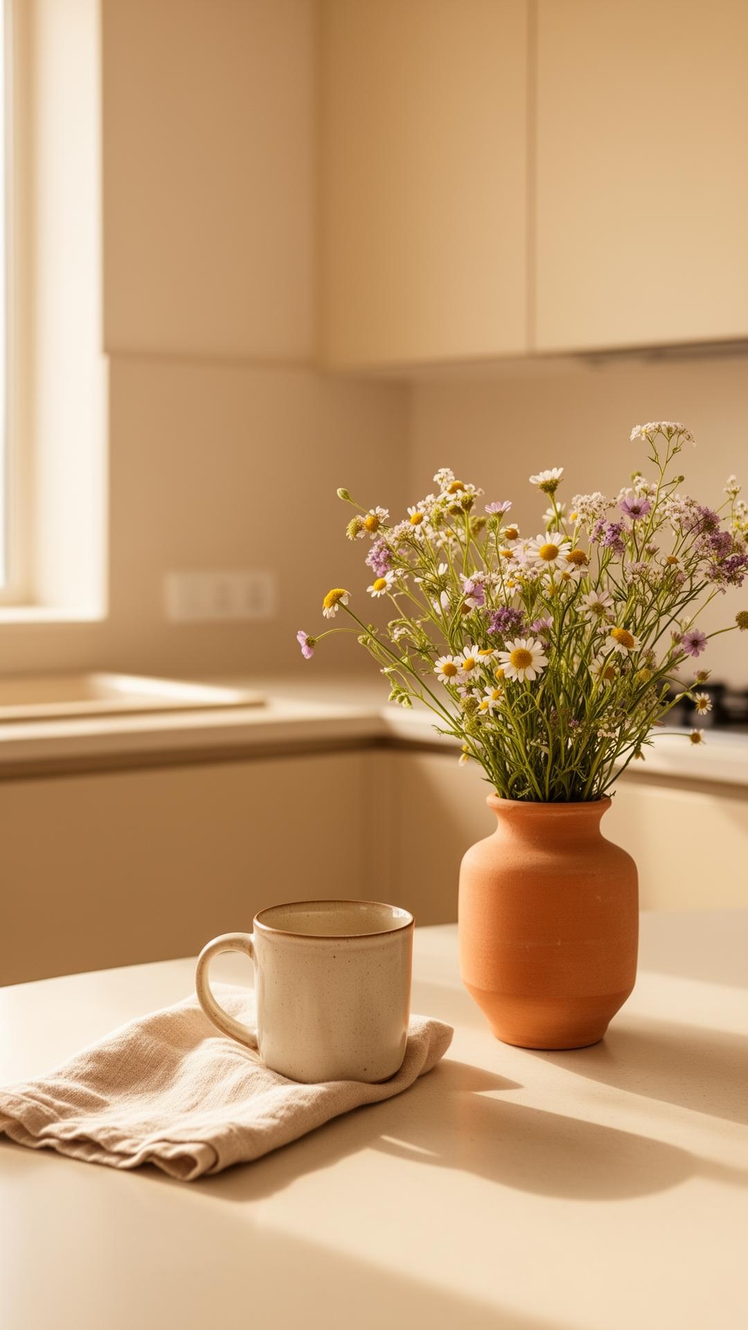 Cuisine chaleureuse, vase en terracotta et tasse en céramique baignés de lumière douce